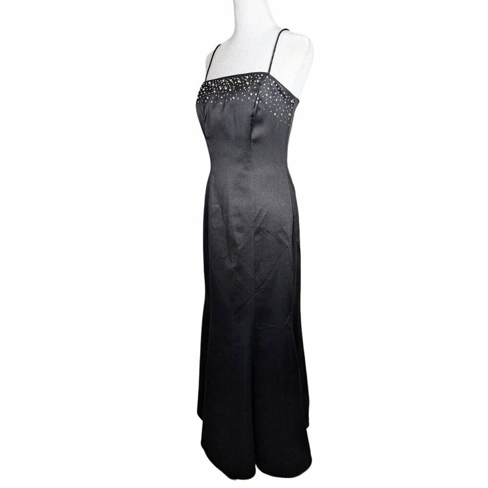 Y2K Davids Bridal Black Satin rhinestone & pearl spaghetti strap mermaid gown 4